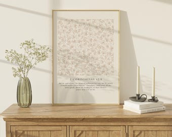 Arte mural con versículo bíblico de 2 Corintios 12:9, impresión de las Escrituras cristianas, decoración floral minimalista para el hogar, descarga digital basada en la fe