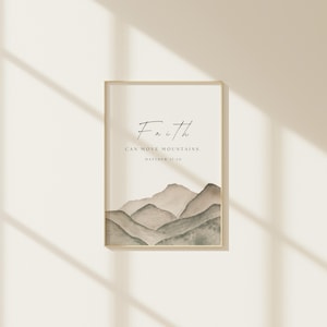Faith Can Move Mountains Print, Matthew 17:20 Scripture Wall Art, Christian Bible Verse Decor, Minimalist Watercolor Mountain Art