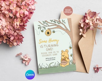 Pooh Bear Hunny First Birthday Invitation Template, Pooh Bear Hunny Theme