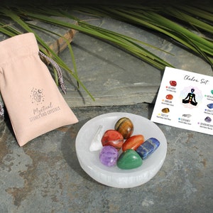 Chakra Crystal Set with Selenite Bowl | 7 Chakra Crystal Kit | 7 Chakra Stone Set