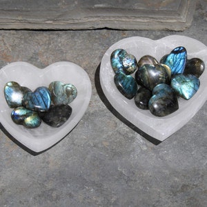 Crystal Heart Set | Labradorite and Selenite Crystal Heart Bundle | Labradorite Mini Hearts and Selenite Heart Bowl