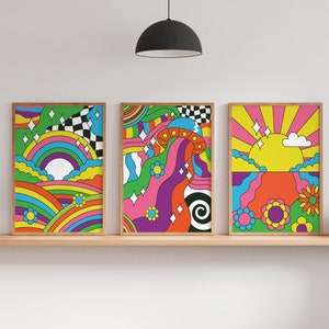 Psychedelic Blotter Print, Groovy Wall Design, Retro Wall Prints, Colorful Retro Posters, Set of 3 Prints