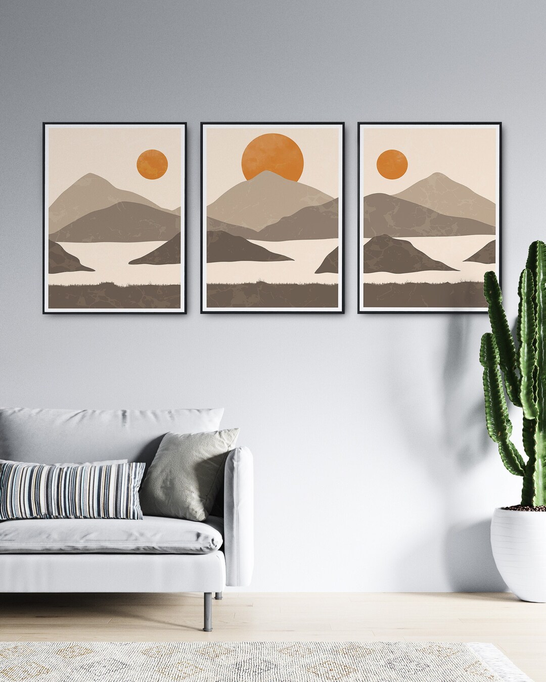 Grey Boho Landscape Wall Art, Mountains With Sun Design, Living Room