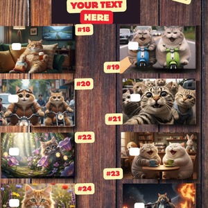 K&ouml;nnte beinhalten: Holzhintergrund mit verschiedenen Handyh&uuml;llen-Designs. Die H&uuml;llen zeigen Katzen in humorvollen Szenarien. Text: "YOUR DESIGN HERE", "YOUR TEXT HERE" und "CUTENESS HAS ARRIVED". Die H&uuml;llen sind mit den Nummern 18 bis 25 versehen.