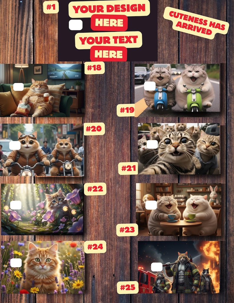 K&ouml;nnte beinhalten: Holzhintergrund mit verschiedenen Handyh&uuml;llen-Designs. Die H&uuml;llen zeigen Katzen in humorvollen Szenarien. Text: "YOUR DESIGN HERE", "YOUR TEXT HERE" und "CUTENESS HAS ARRIVED". Die H&uuml;llen sind mit den Nummern 18 bis 25 versehen.