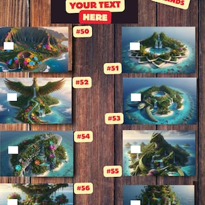 K&ouml;nnte beinhalten: Ein Holzuntergrund mit mehreren Fantasy-Insel-Bildern, jeweils nummeriert. Oben im Bild steht der Text "YOUR DESIGN HERE" und "YOUR TEXT HERE". Ein Aufkleber zeigt "FANTASY ISLANDS".