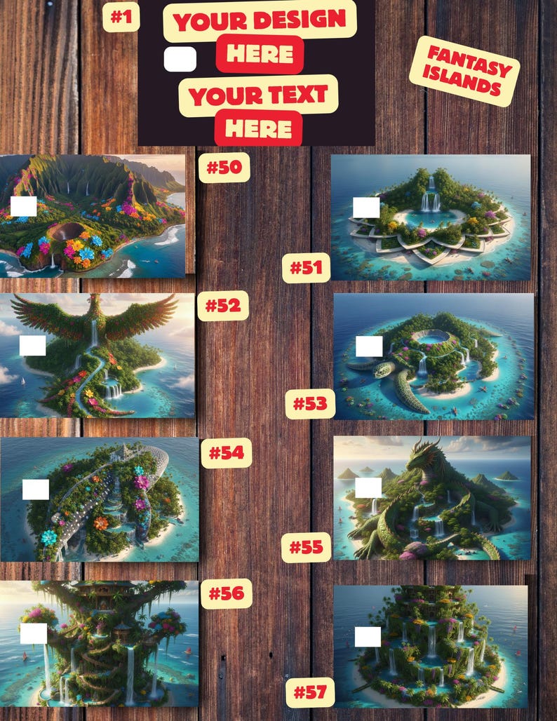 K&ouml;nnte beinhalten: Ein Holzuntergrund mit mehreren Fantasy-Insel-Bildern, jeweils nummeriert. Oben im Bild steht der Text "YOUR DESIGN HERE" und "YOUR TEXT HERE". Ein Aufkleber zeigt "FANTASY ISLANDS".