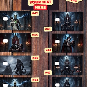 K&ouml;nnte beinhalten: Eine Holztafel mit verschiedenen Illustrationen zum Thema Gothic. Die Bilder zeigen klassische Monster wie Frankenstein, Vampire und Werw&ouml;lfe. Der Text oben lautet "YOUR DESIGN HERE" und "YOUR TEXT HERE", mit "FULL MOON FEVER" in einer Ecke.