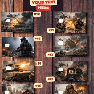 K&ouml;nnte beinhalten: Ein Holzgrund zeigt verschiedene Designs zum Thema Krieg, darunter Panzer, Soldaten und Explosionen. Der Text oben lautet "YOUR DESIGN HERE" und "YOUR TEXT HERE", mit "TITANS OF WAR" rechts. Die Designs sind von 10 bis 17 nummeriert.