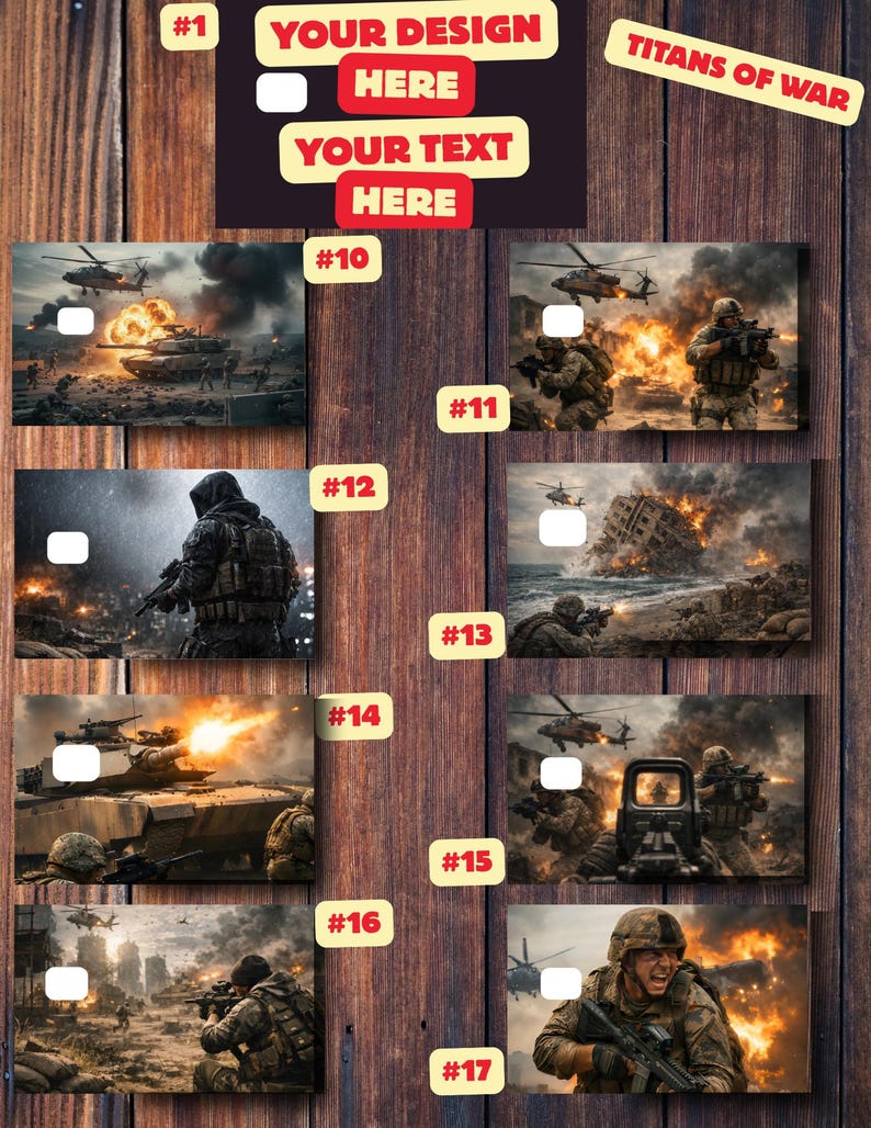 K&ouml;nnte beinhalten: Ein Holzgrund zeigt verschiedene Designs zum Thema Krieg, darunter Panzer, Soldaten und Explosionen. Der Text oben lautet "YOUR DESIGN HERE" und "YOUR TEXT HERE", mit "TITANS OF WAR" rechts. Die Designs sind von 10 bis 17 nummeriert.