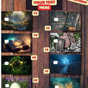 K&ouml;nnte beinhalten: Eine Holztafel mit neun rechteckigen Bildern mit mystischen Themen. Der obere Bereich enth&auml;lt den Text &bdquo;YOUR DESIGN HERE&ldquo; und &bdquo;YOUR TEXT HERE&ldquo;. Die Bilder zeigen Fantasy-Szenen, darunter einen Wasserfall, ein offenes Buch und einen Kristall.