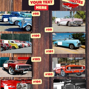 K&ouml;nnte beinhalten: Eine Collage mit klassischen Autos in verschiedenen Farben, darunter Blau, Rosa, Rot und Orange. Das Bild enth&auml;lt den Text "YOUR DESIGN HERE" und "YOUR TEXT HERE" sowie die Worte "CLASSIC BEAUTIES".