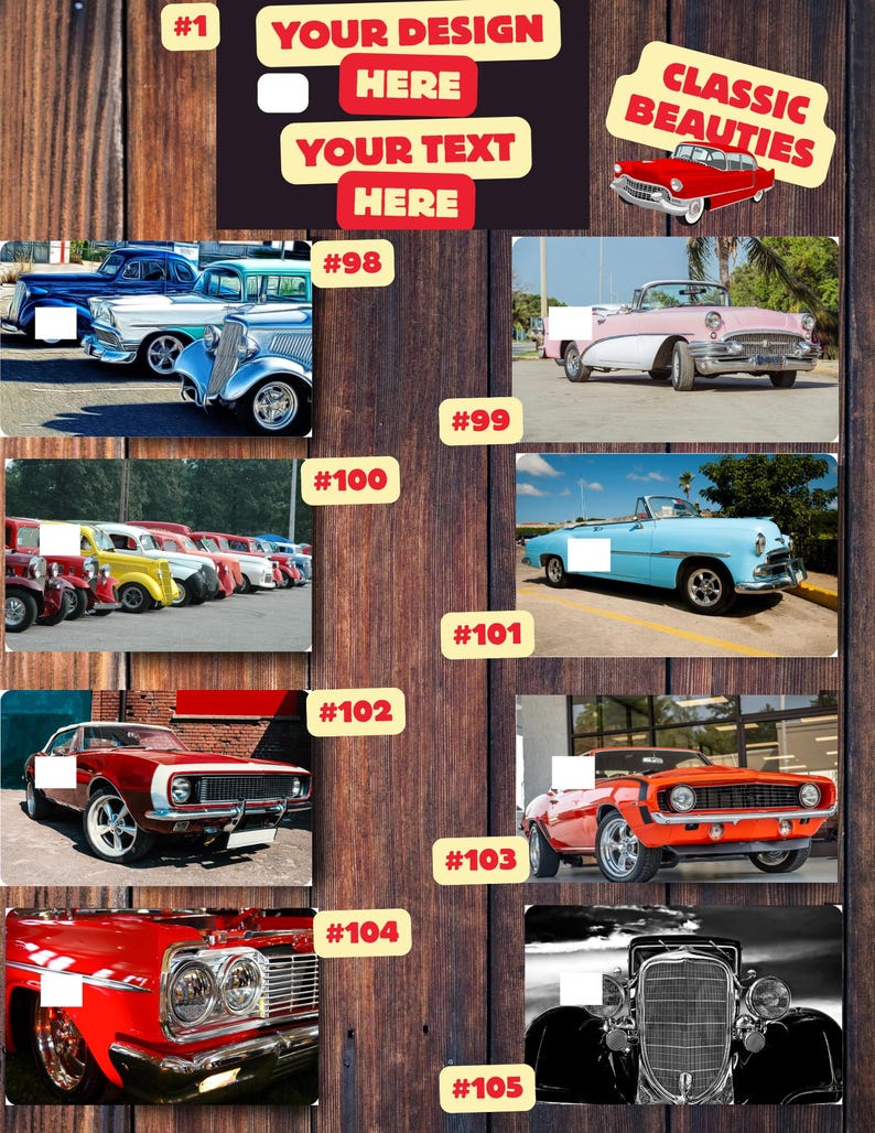 K&ouml;nnte beinhalten: Eine Collage mit klassischen Autos in verschiedenen Farben, darunter Blau, Rosa, Rot und Orange. Das Bild enth&auml;lt den Text "YOUR DESIGN HERE" und "YOUR TEXT HERE" sowie die Worte "CLASSIC BEAUTIES".