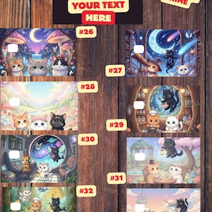 K&ouml;nnte beinhalten: Eine Holzanzeige mit verschiedenen Designs mit Cartoon-Katzen. Die Designs zeigen Katzen im Weltraum, Feenkatzen und Katzen in Fantasy-Umgebungen. Auf der Anzeige steht "YOUR DESIGN HERE" und "KITTIES OF ANIME".