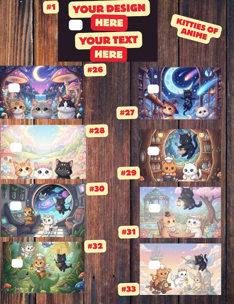 K&ouml;nnte beinhalten: Eine Holzanzeige mit verschiedenen Designs mit Cartoon-Katzen. Die Designs zeigen Katzen im Weltraum, Feenkatzen und Katzen in Fantasy-Umgebungen. Auf der Anzeige steht "YOUR DESIGN HERE" und "KITTIES OF ANIME".