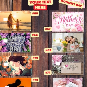 K&ouml;nnte beinhalten: Auf einem Holzgrund werden verschiedene Muttertagsdesigns pr&auml;sentiert. Die Designs umfassen Blumenarrangements, Familienfotos und den Text "Happy Mother's Day". Einige Designs bieten Anpassungsoptionen mit Textfeldern. Das Gesamtthema dreht sich um die Feier von M&uuml;ttern.
