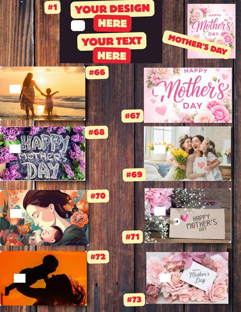 K&ouml;nnte beinhalten: Auf einem Holzgrund werden verschiedene Muttertagsdesigns pr&auml;sentiert. Die Designs umfassen Blumenarrangements, Familienfotos und den Text "Happy Mother's Day". Einige Designs bieten Anpassungsoptionen mit Textfeldern. Das Gesamtthema dreht sich um die Feier von M&uuml;ttern.