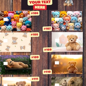 K&ouml;nnte beinhalten: Ein Holzuntergrund mit verschiedenen Bildern von Teddyb&auml;ren. Die Bilder zeigen eine Gruppe bunter Teddyb&auml;ren, ein Teddyb&auml;rmuster und einzelne Teddyb&auml;ren in verschiedenen Umgebungen. Text enth&auml;lt "YOUR DESIGN HERE", "YOUR TEXT HERE" und "TEDDY BEARS".