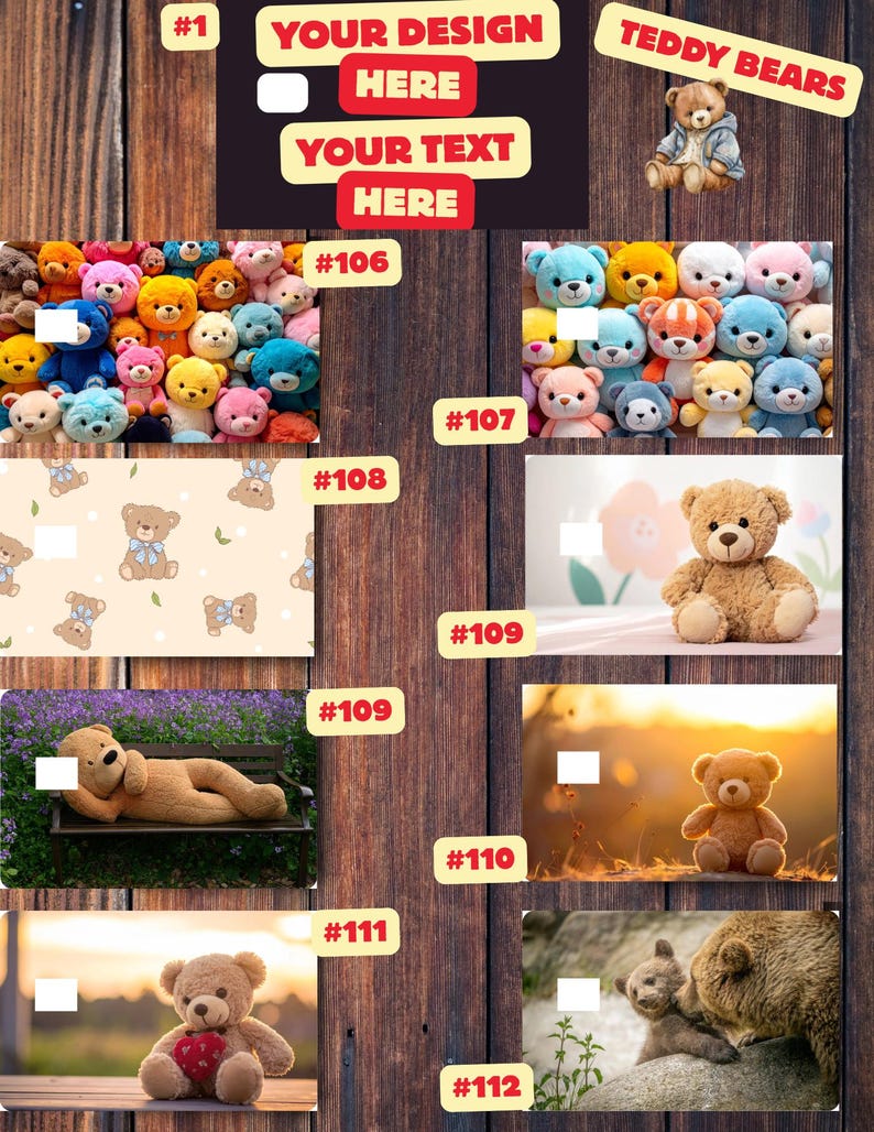 K&ouml;nnte beinhalten: Ein Holzuntergrund mit verschiedenen Bildern von Teddyb&auml;ren. Die Bilder zeigen eine Gruppe bunter Teddyb&auml;ren, ein Teddyb&auml;rmuster und einzelne Teddyb&auml;ren in verschiedenen Umgebungen. Text enth&auml;lt "YOUR DESIGN HERE", "YOUR TEXT HERE" und "TEDDY BEARS".