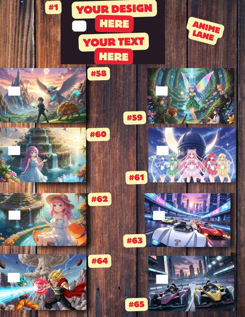 K&ouml;nnte beinhalten: Ein Holzuntergrund zeigt verschiedene Designs zum Thema Anime. Die Designs umfassen Fantasielandschaften, Anime-Charaktere und Rennwagen. Der Text oben lautet "YOUR DESIGN HERE" und "YOUR TEXT HERE". Die Worte "ANIME LANE" sind ebenfalls sichtbar.