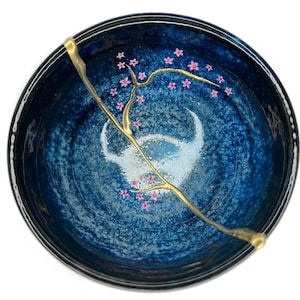 Kintsugi Broken and Repaired Ceramic Bowl (made in Japan) with Hand-Painted Cherry Blossom Flowers – Deep Blue