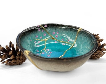 Kintsugi Broken and Repaired Ceramic Bowl (made in Japan) with Hand-Painted Sakura Blossom Flowers – Turquoise Blue