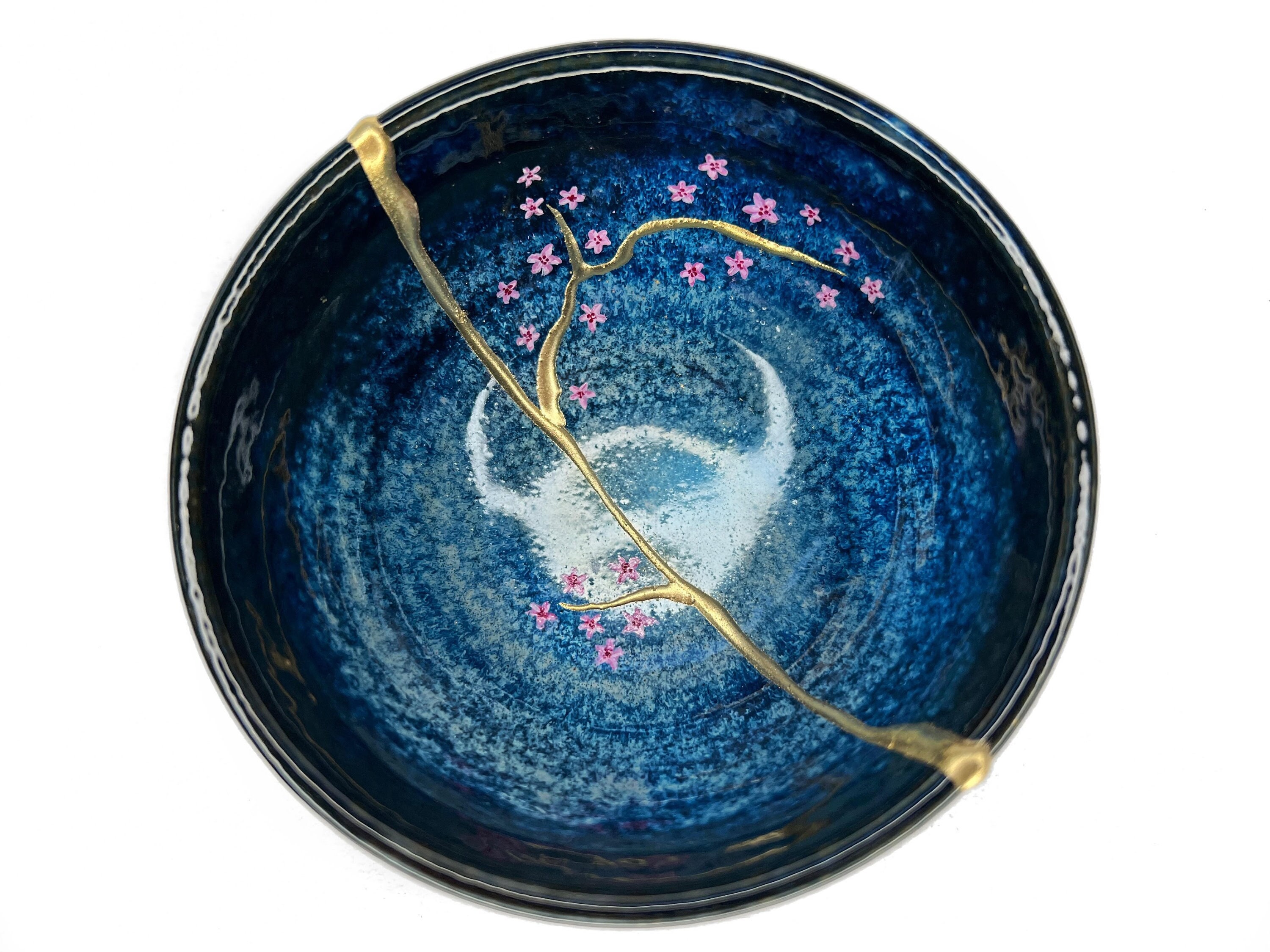 Kintsugi Broken and Repaired Ceramic Bowl (made in Japan) with Hand-Painted Cherry Blossom Flowers – Deep Blue