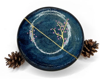 Kintsugi Broken and Repaired Ceramic Bowl (made in Japan) with Hand-Painted Sakura Blossom Flowers – Empty Blue