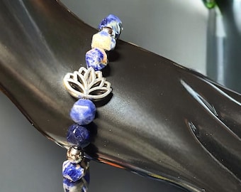 Blue Sodalite Lotus Bracelet: Silver Charm, Stretchy Stacking