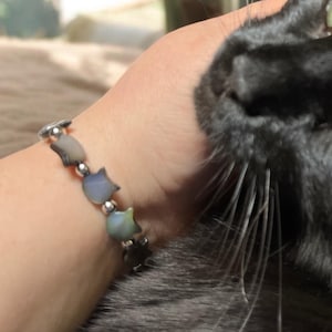 May include: A black cat with green eyes is being petted by a person wearing a silver bracelet with blue and gray cat-shaped charms.