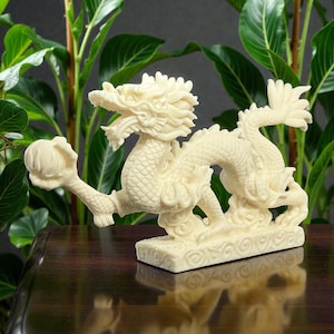 Dragon Carving in Tagua Nut | 8.5" Eastern Style Dragon with Flaming Pearl | Benevolent Auspicious Chinese Dragon