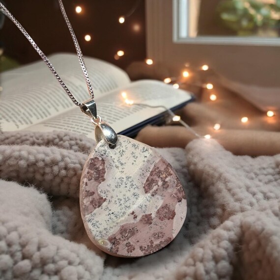 Red Flower Pendant | Picture Jasper with .925 Sterling Silver Necklace, Grey & Burgundy Dendritic Jasper View 3