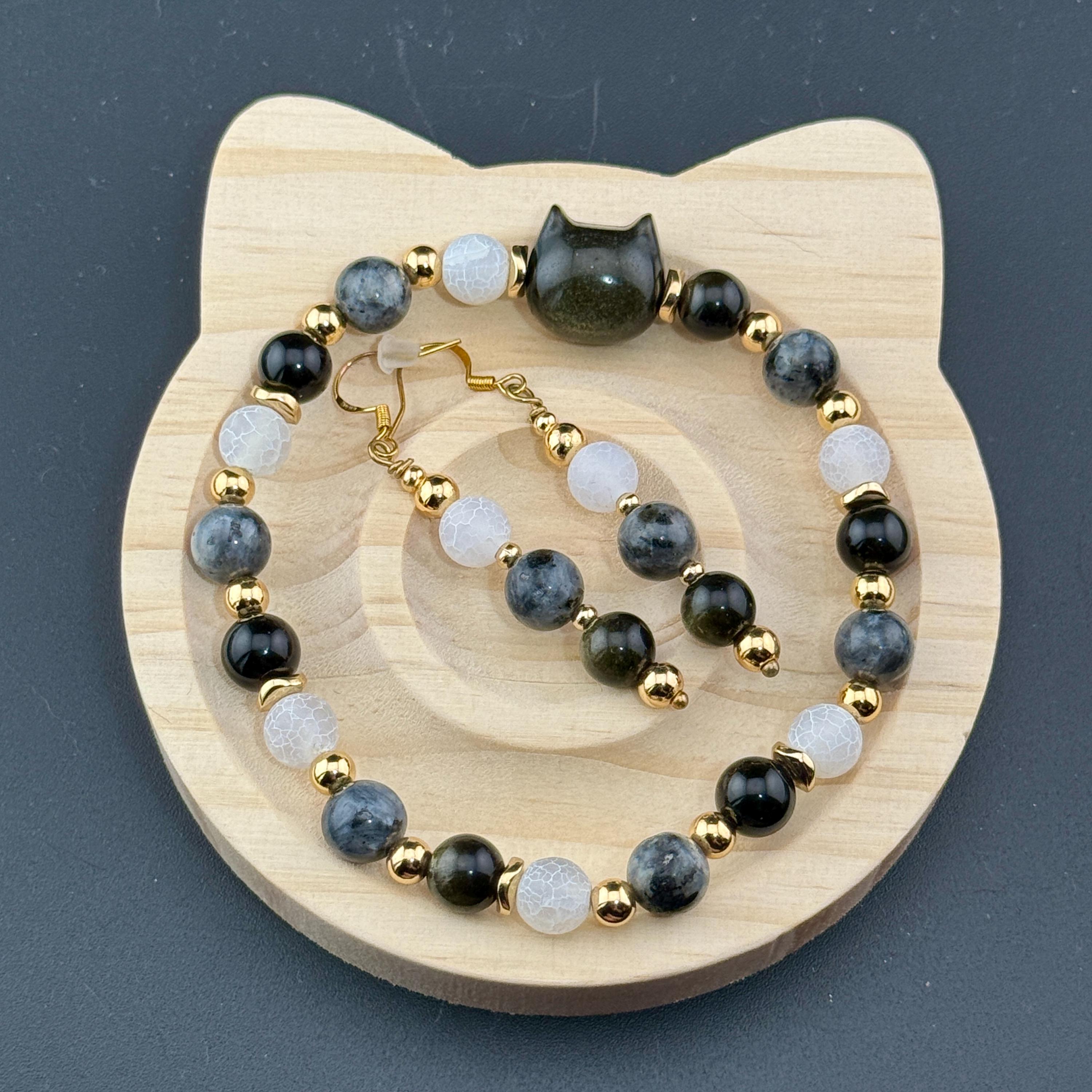 Cat Bracelet & Earrings Golden Obsidian | Mother's Day Gift | Ombre w/ Larvikite and Quartz | Handmade Jewelry | Gift for Cat Lovers