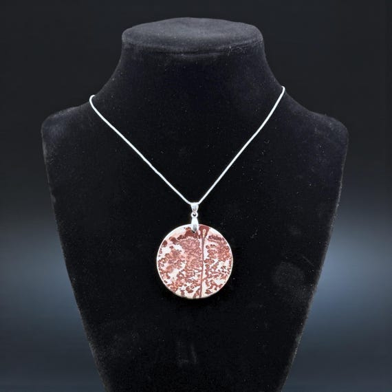 Red Flower Pendant | Picture Jasper with .925 Sterling Silver Necklace, Grey & Burgundy Dendritic Jasper
