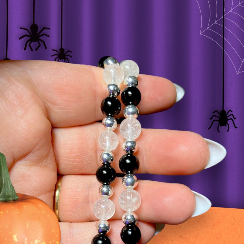 Pumpkin or Skull Bracelet Black Obsidian & Clr Quartz Bracelet Halloween Jewelry Gender Neutral