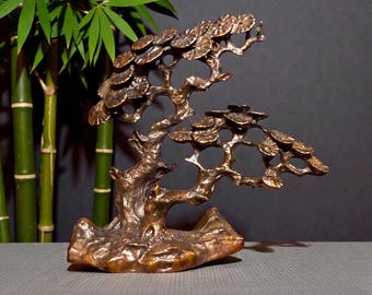 Mini Antique Bronze Finished Solid Brass Bonsai Tree – Miniature Feng Shui Wealth & Harmony Sculpture | Zen Mini Statuette