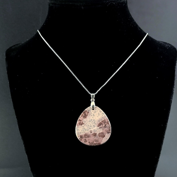 Red Flower Pendant | Picture Jasper with .925 Sterling Silver Necklace, Grey & Burgundy Dendritic Jasper