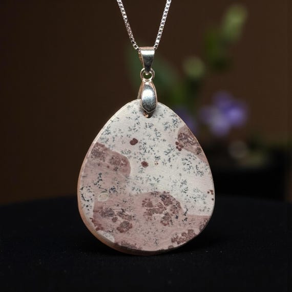 Red Flower Pendant | Picture Jasper with .925 Sterling Silver Necklace, Grey & Burgundy Dendritic Jasper View 2