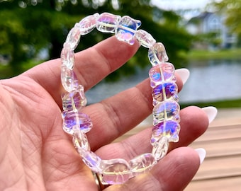 Iridescent Cat Head Bracelet: Aurora Borealis Glass Beads