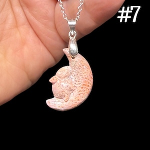 Moon Bunny Pendants, Hand Carved Coral Jade | Includes 20" Silver Plated Necklace