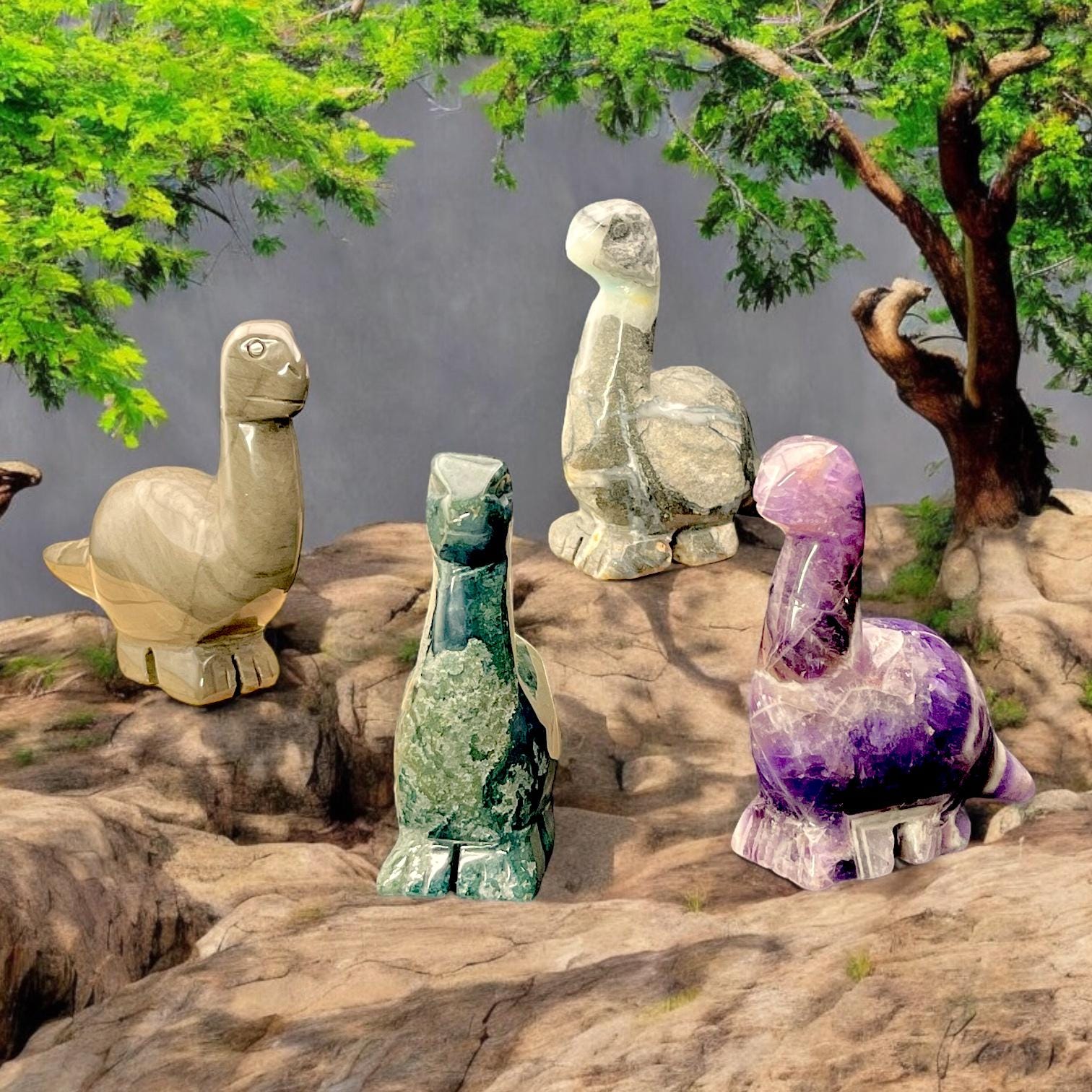 Natural Stone Dinosaurs | Jasper Moss Agate Caribbean Calcite Dream Amethyst | Mini Brontosaurus Figurines Carvings