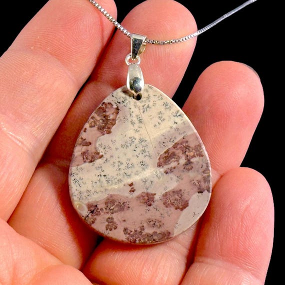 Red Flower Pendant | Picture Jasper with .925 Sterling Silver Necklace, Grey & Burgundy Dendritic Jasper View 4