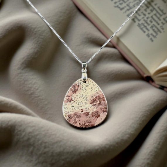 Red Flower Pendant | Picture Jasper with .925 Sterling Silver Necklace, Grey & Burgundy Dendritic Jasper View 6