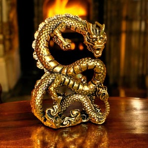 May include: A gold-colored metal dragon figurine with intricate details. The dragon is curled up in a defensive position with its head raised and its claws extended.