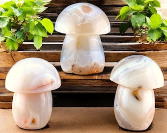 Banded Agate Mushroom Carving: Hand-Carved Crystal Sculpture