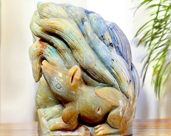 Caribbean Calcite Nine-Tailed Fox Carving: Kitsune Sculpture