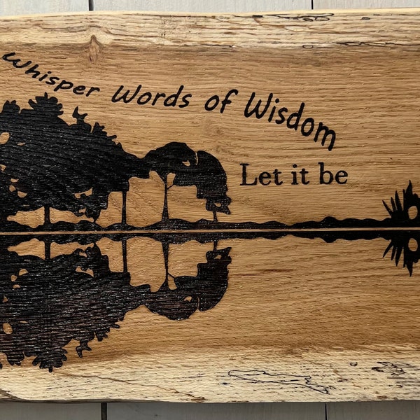 Beatles Lyric Guitar Live Edge Wall Art "Let it Be" lake reflections view.