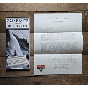 May include: A vintage Yosemite and Its Big Trees travel brochure featuring a black and white waterfall image next to a Conoco Travel Bureau letter dated October 8, 1942, from Denver, Colorado, addressed to Mr. S. A. Blomquist in Sandy, Utah.