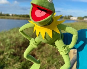 Handmade Kermit the Frog Replica Puppet, Fleece Muppet with Arm Rods