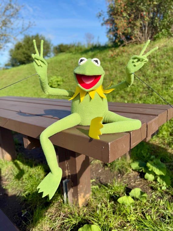 Handmade Kermit the Frog Replica Puppet, Fleece Muppet With Arm